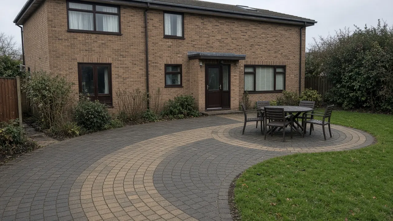 Example image: a curved patio in charcoal and buff setts