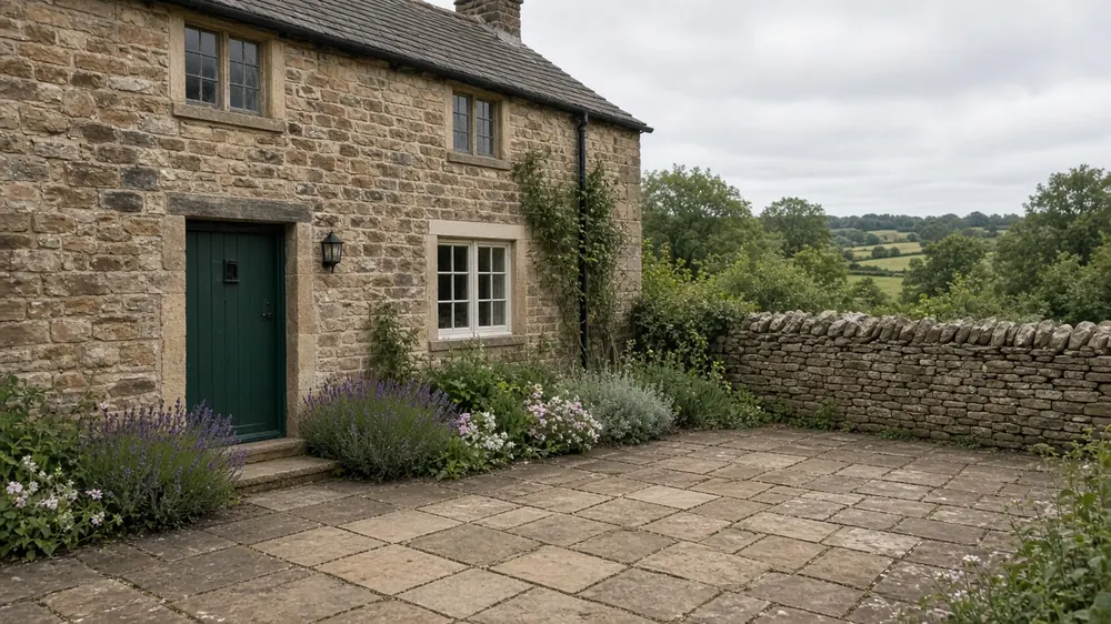 Example image: a sandstone terrace beside a stone cottage