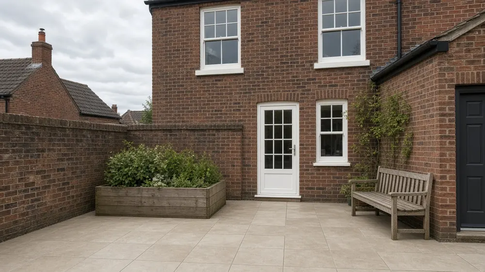 Example image: a compact stone-effect porcelain patio behind a terrace